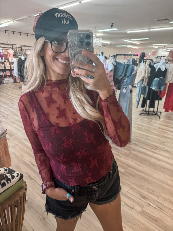 Burgundy Lace Babe Long Sleeve Top