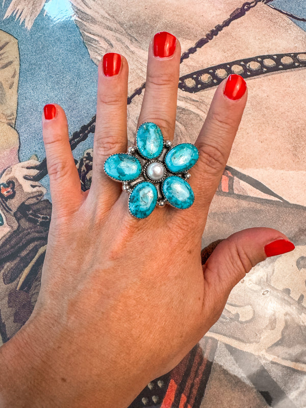 Turquoise & Pearl Flower Ring