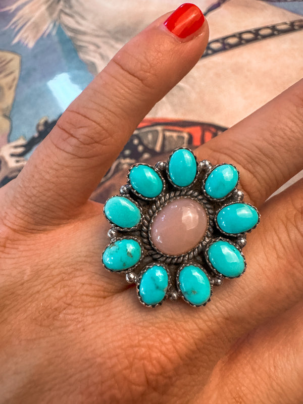 Pink Opal & Turquoise Adjustable Ring