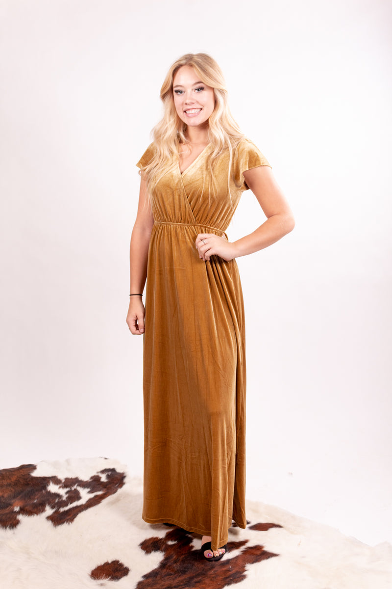 Gold Goddess Wrap Velvet Maxi Dress