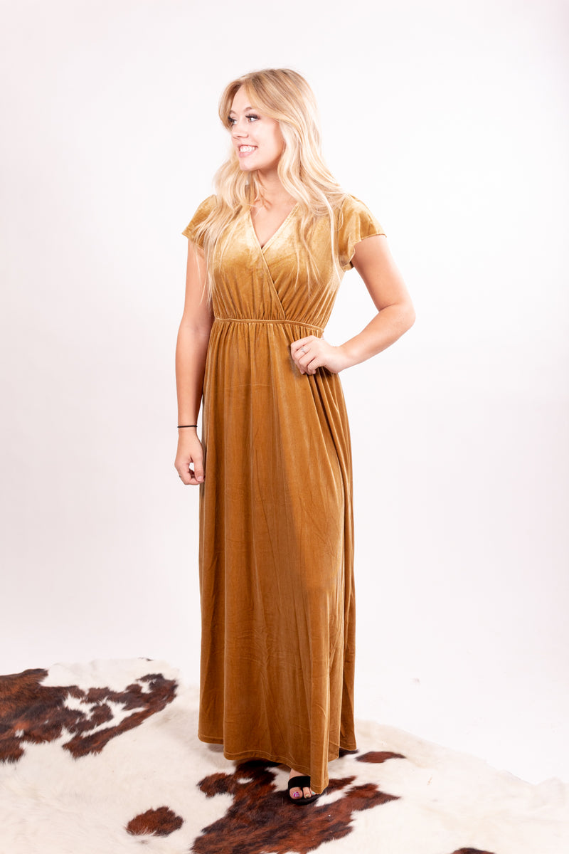 Gold Goddess Wrap Velvet Maxi Dress