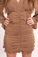 Go Girl 70's Cinched Dress In Camel