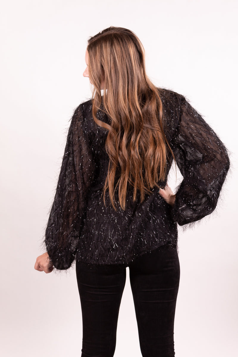 Midnight New Years Bubble Sleeve Fringe Top