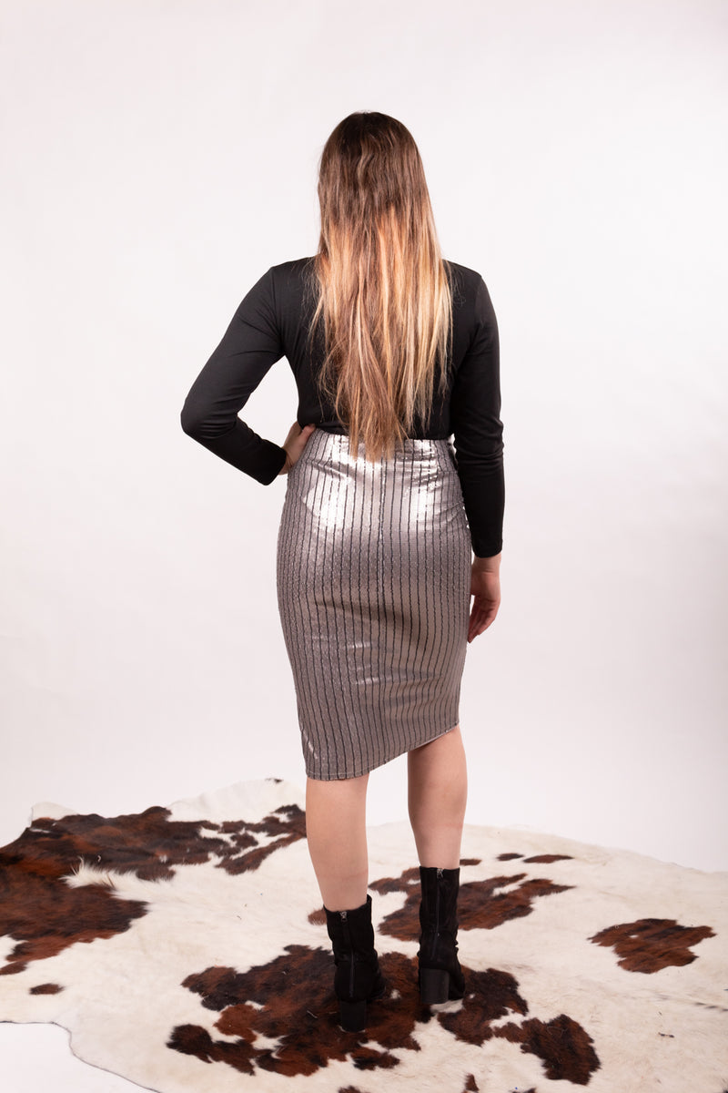 Gun Metal Sequin Skirt With Slit