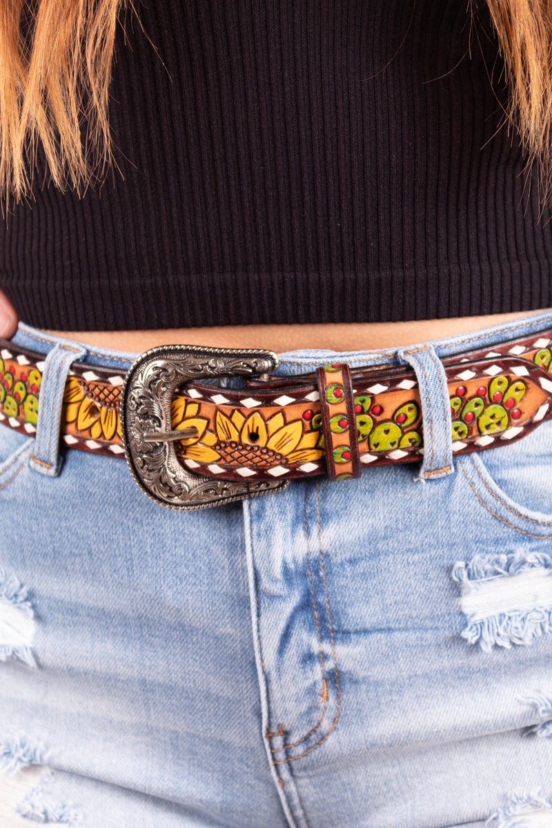 Arizona Sunflower Tooled Leather Belt