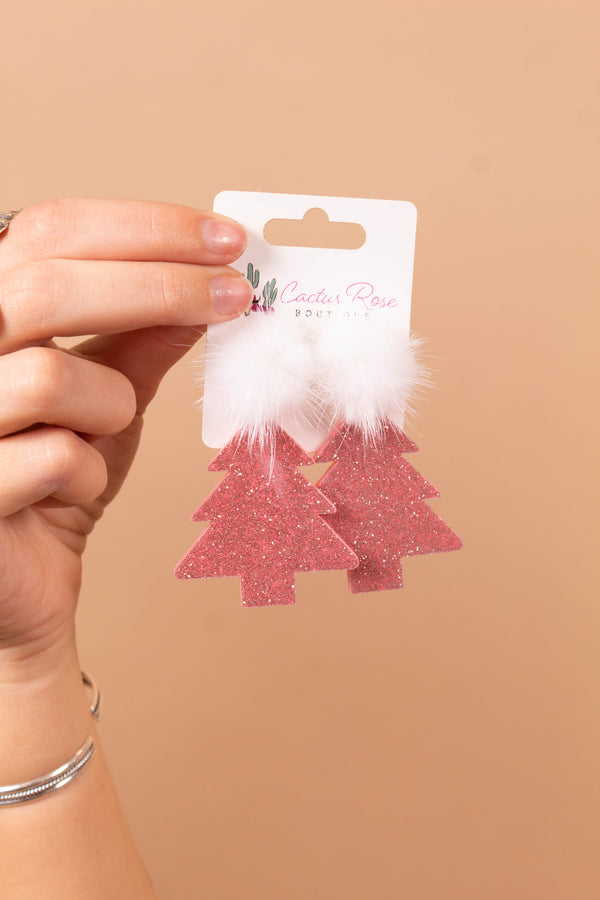 Pink Pom Christmas Tree Earrings